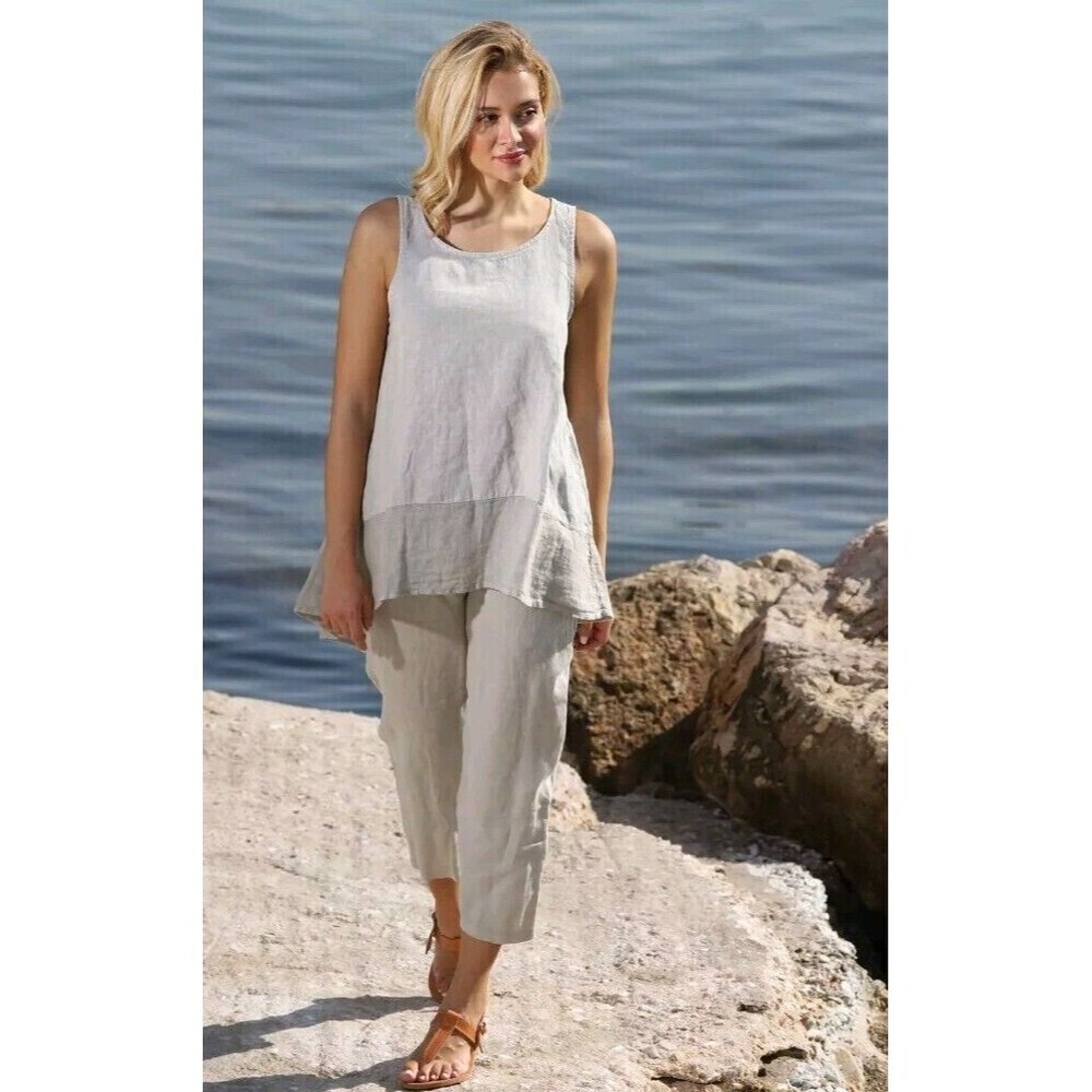 Grand Greece Linen‎ Top Lagenlook Size Small Beige Boho